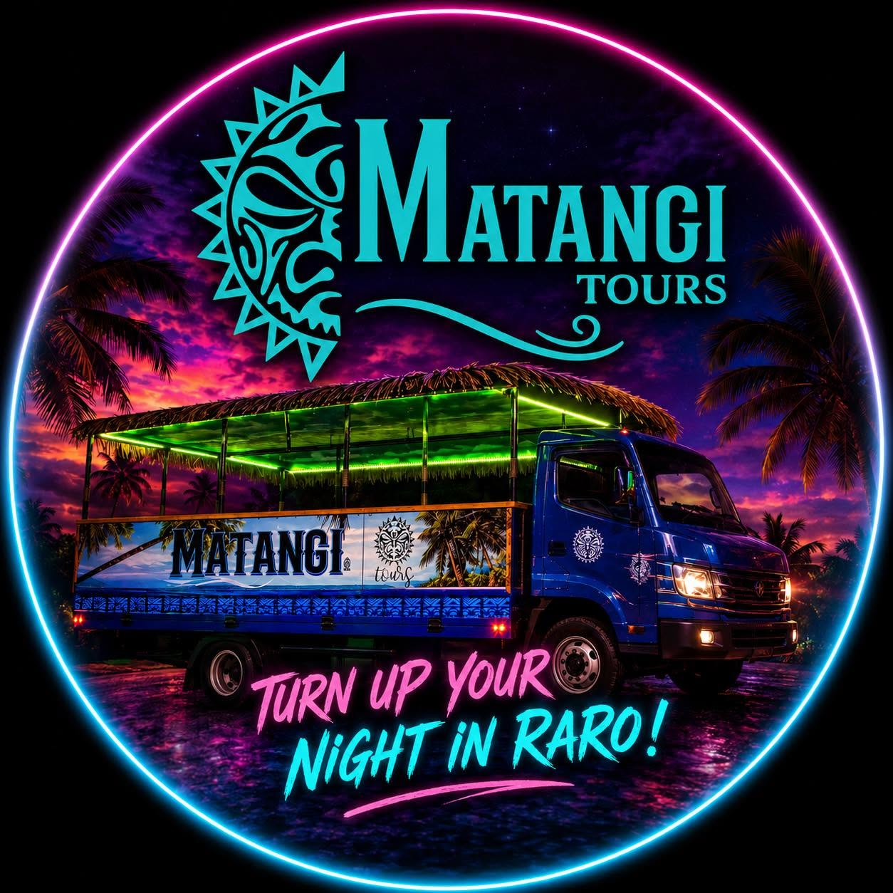 Matangi Tours open-air party bus under neon lights in Rarotonga